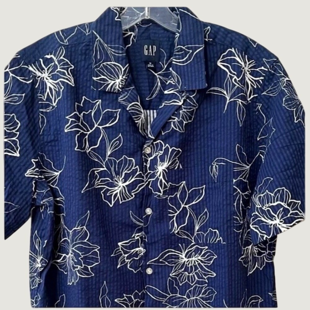 GAP Mens Floral Seersucker Button Down Shirt Medium Blue Short Sleeve NWT - Picture 4 of 7